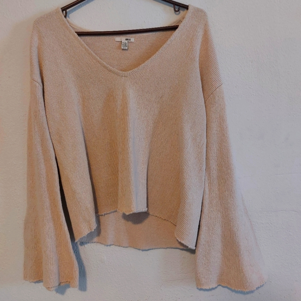 Tan wide neck & sleeve crop sweater